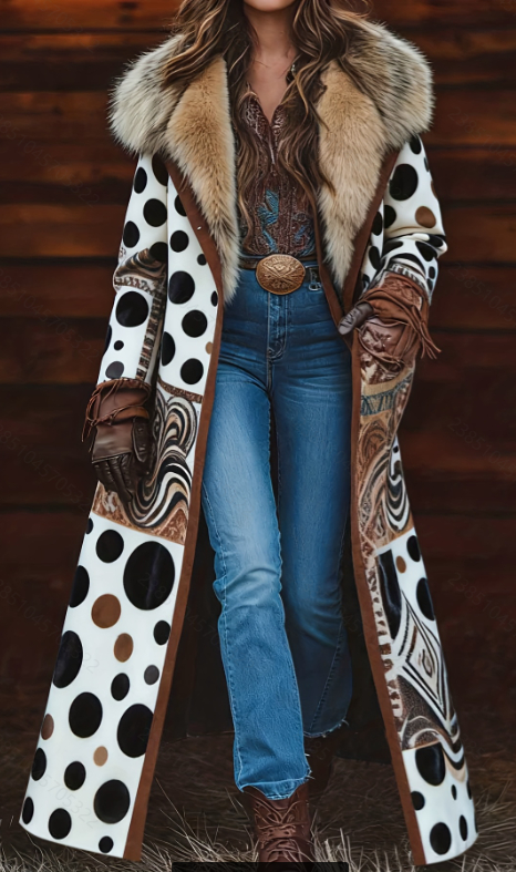  Fashion Retro Women's Coat, Warm Printed Long Coat