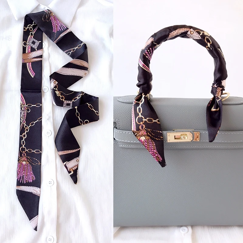  Woman Skinny Silk Scarf 90cm*4cm Long Hair Strip Silk Ribbon Small Neck Scarves Bag Handle Ribbon Scarf Kerchief Ladies Tie