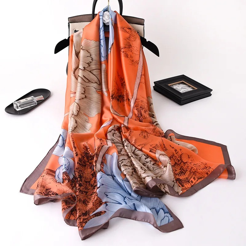  100% Natural Silk Scarf Women Luxury Brand Digital Print Flowers Silk Pashmina Shawl Female Long Bandana Foulard 2020 Oversize