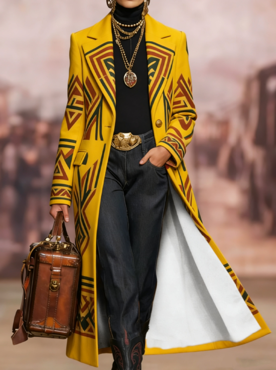  Printed Casual Long Wool Coat