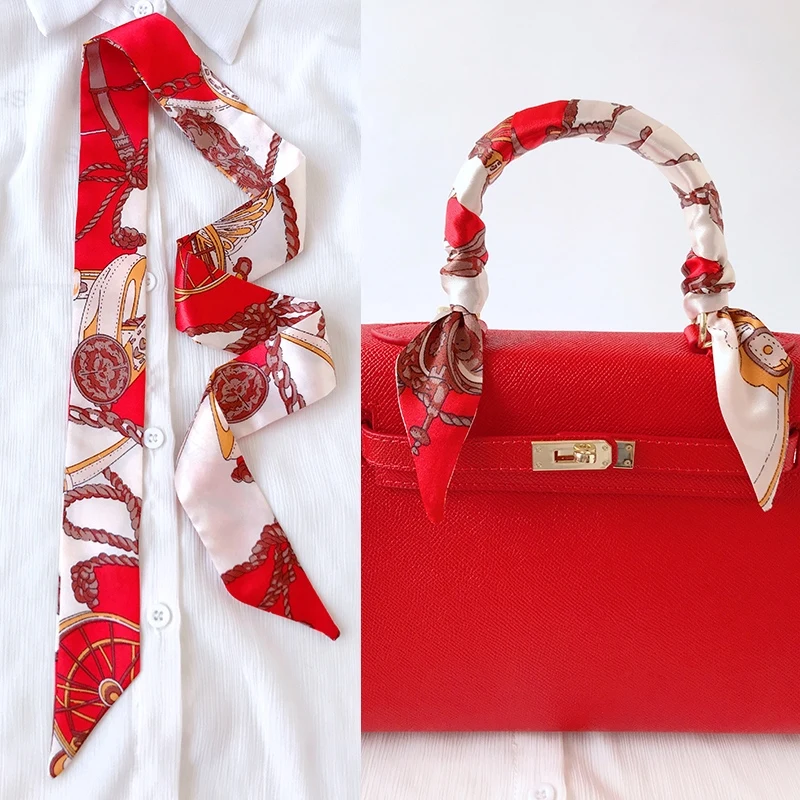 Woman Skinny Silk Scarf 90cm*4cm Long Hair Strip Silk Ribbon Small Neck Scarves Bag Handle Ribbon Scarf Kerchief Ladies Tie