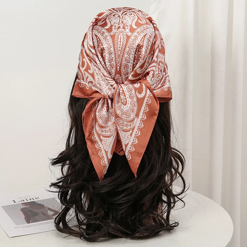  Bohemian Style Floral Print Women’s Square Silk Scarf Satin Head Wrap Tropical Leaf Flower Design Scarves Bandana Hijab