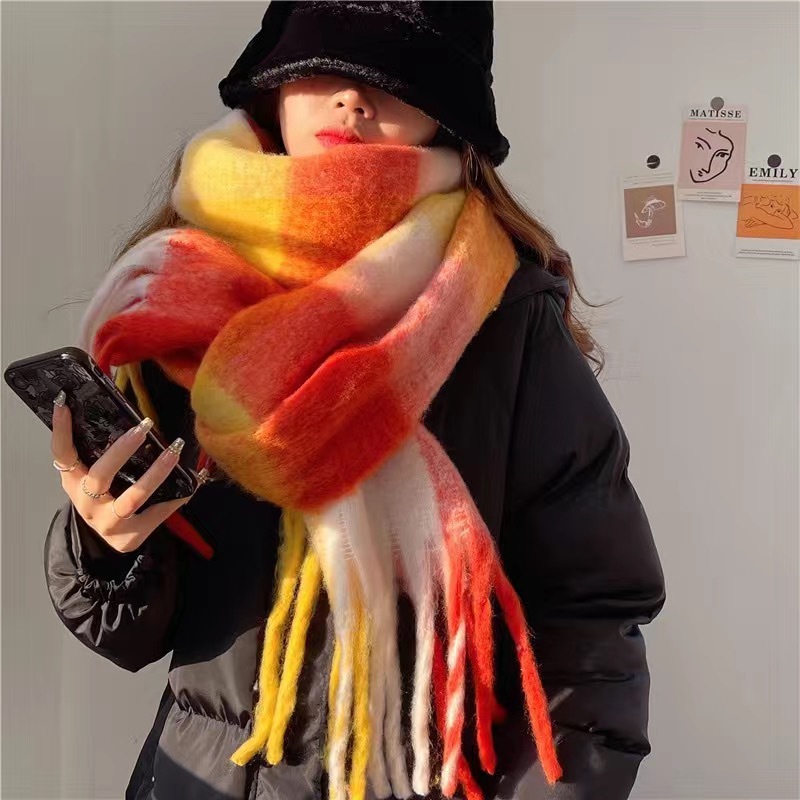  Women's Plaid Tassel Scarf Rainbow Color-blocking Shawl