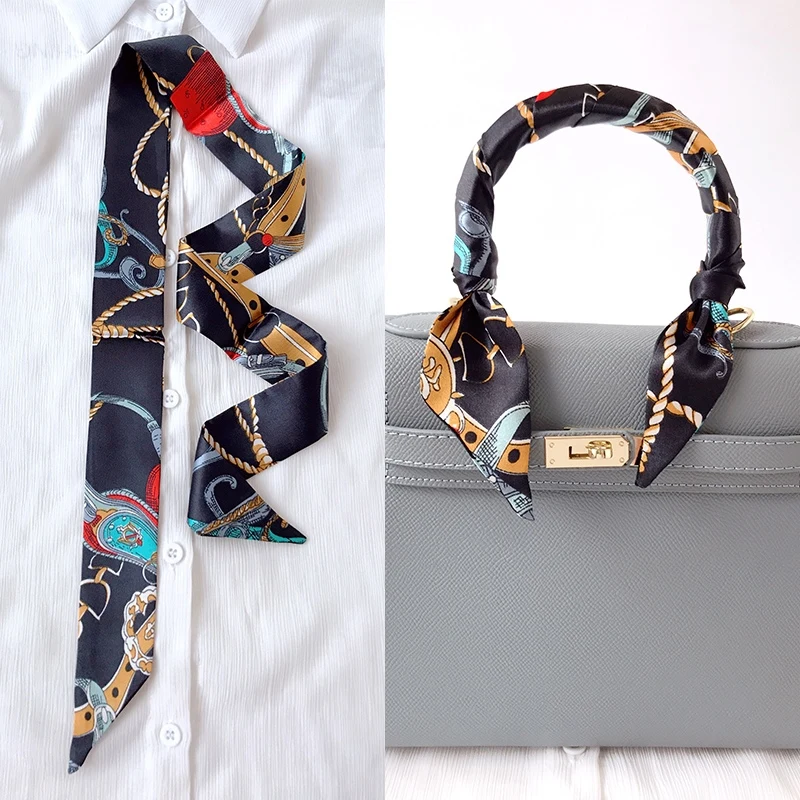  Woman Skinny Silk Scarf 90cm*4cm Long Hair Strip Silk Ribbon Small Neck Scarves Bag Handle Ribbon Scarf Kerchief Ladies Tie