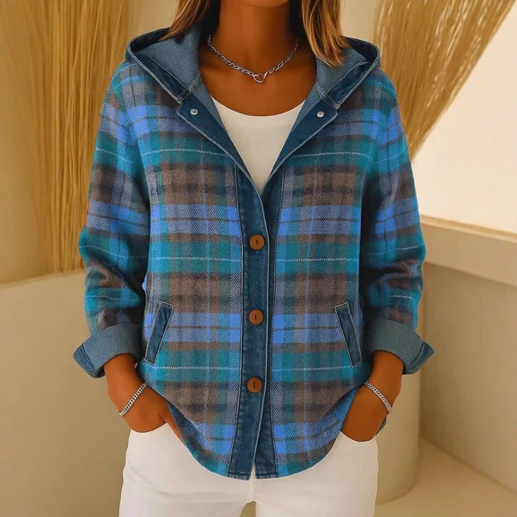  Women's Fashion Plaid Color-blocking Coat