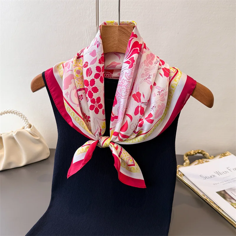 Luxury new summer thin sun protection pomegranate flower faux silk printed shawl scarf high-end neck wrap headscarf silk scarf