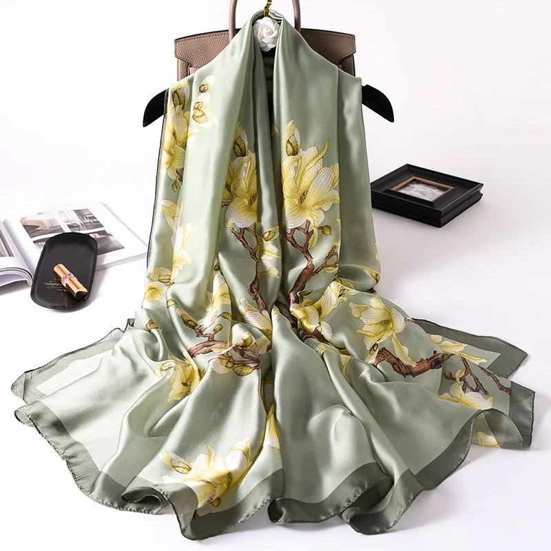  100% Natural Silk Scarf Women Luxury Brand Digital Print Flowers Silk Pashmina Shawl Female Long Bandana Foulard 2020 Oversize
