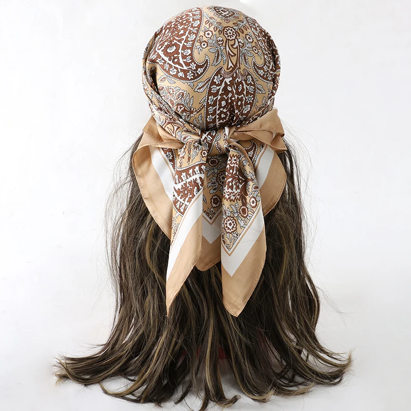  Bohemian Style Floral Print Women’s Square Silk Scarf Satin Head Wrap Tropical Leaf Flower Design Scarves Bandana Hijab