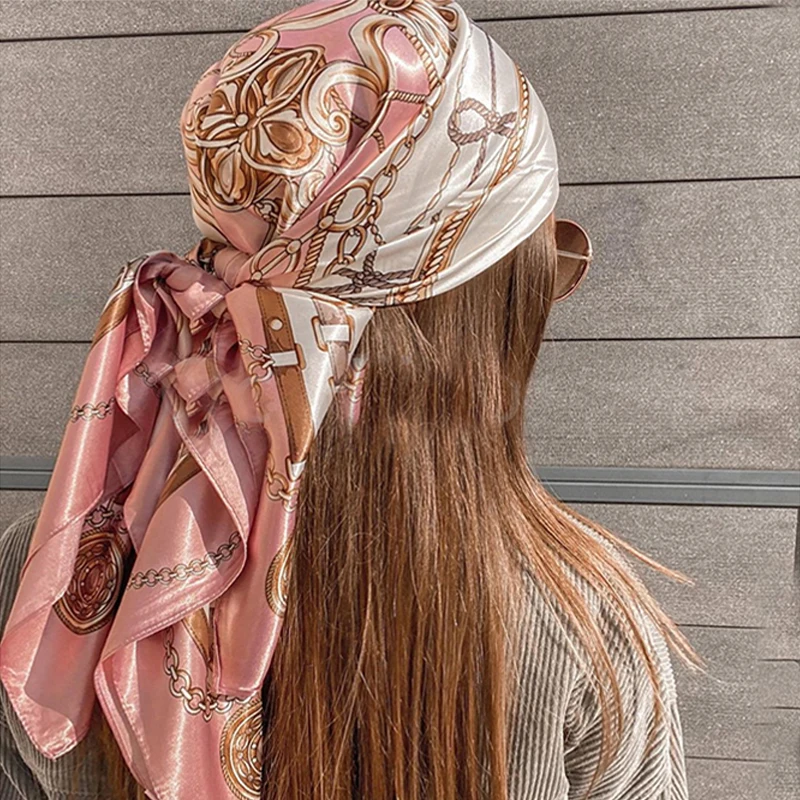 90*90cm Square Silk Scarves Women Hijab Shawls Fashion Print Kerchief Femme Head Scarf Foulard Bandana Beach Pareo