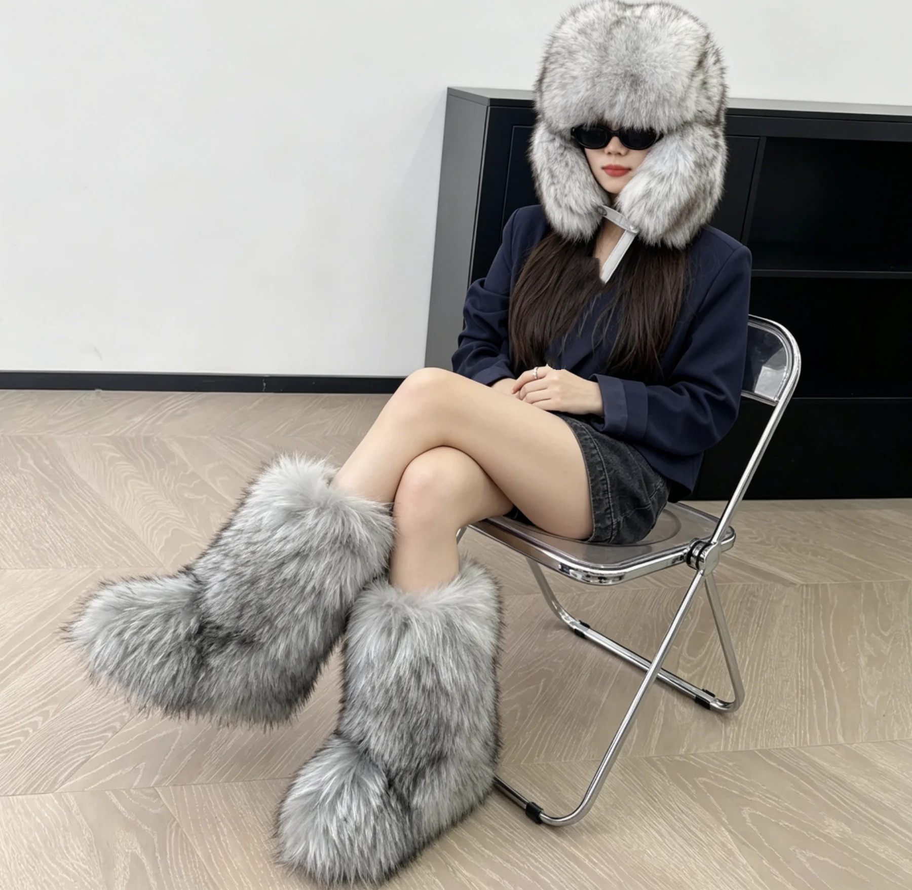  Women Genuine Fox Fur Short Boots Real Fox Fur Upper Platform Boots For Woman Winter Warm Plush Snow Boots Luxury Party Shoes