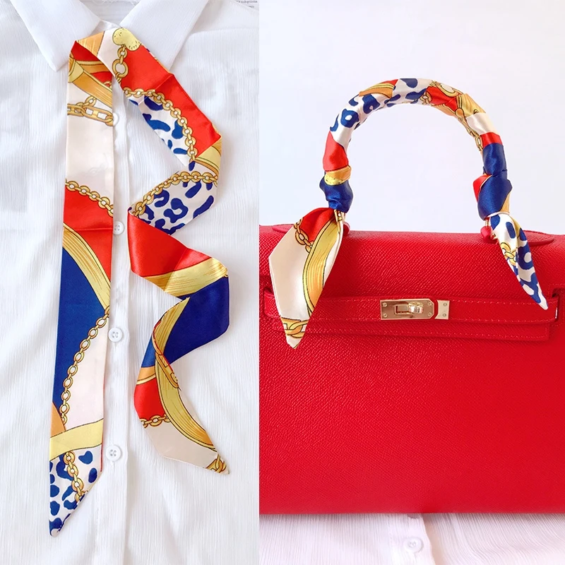  Woman Skinny Silk Scarf 90cm*4cm Long Hair Strip Silk Ribbon Small Neck Scarves Bag Handle Ribbon Scarf Kerchief Ladies Tie