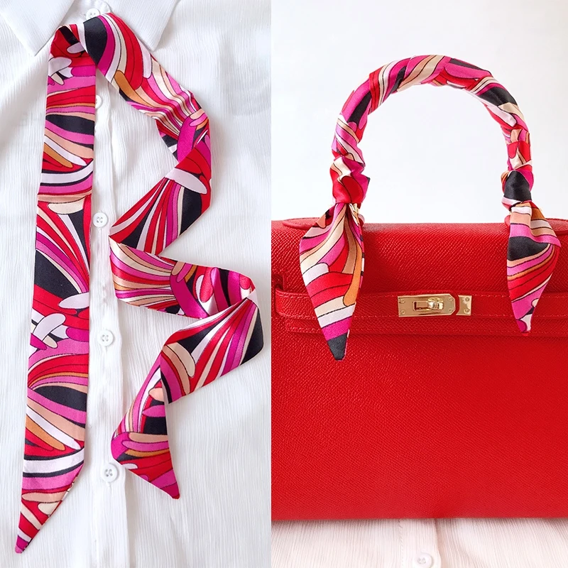  Woman Skinny Silk Scarf 90cm*4cm Long Hair Strip Silk Ribbon Small Neck Scarves Bag Handle Ribbon Scarf Kerchief Ladies Tie