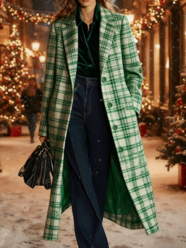  Casual Loose-fitting Retro Plaid Mid-length Coat