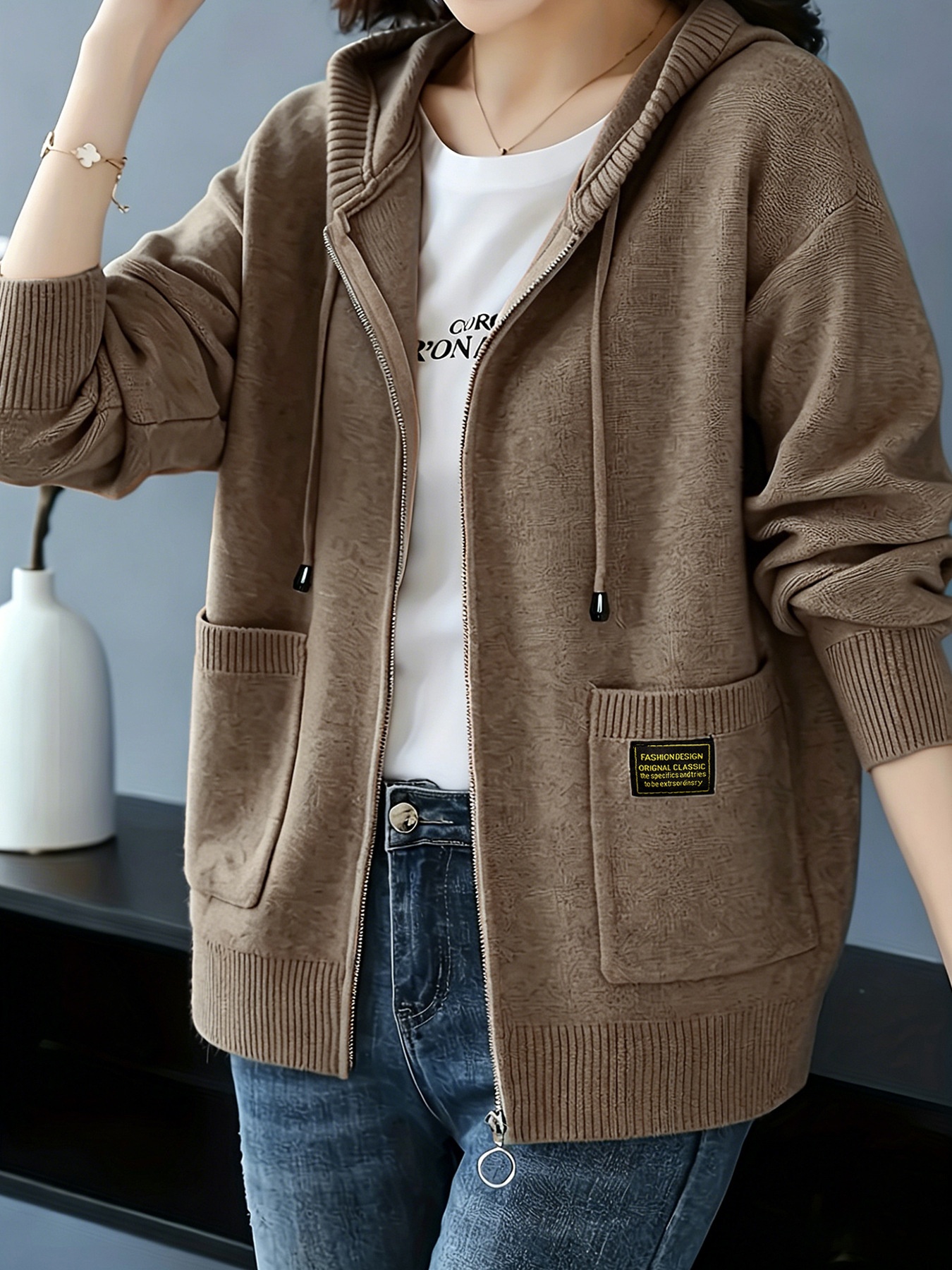  Knitwear Hooded Sweater Coat Women's Loose Zip Knitted Cardigan