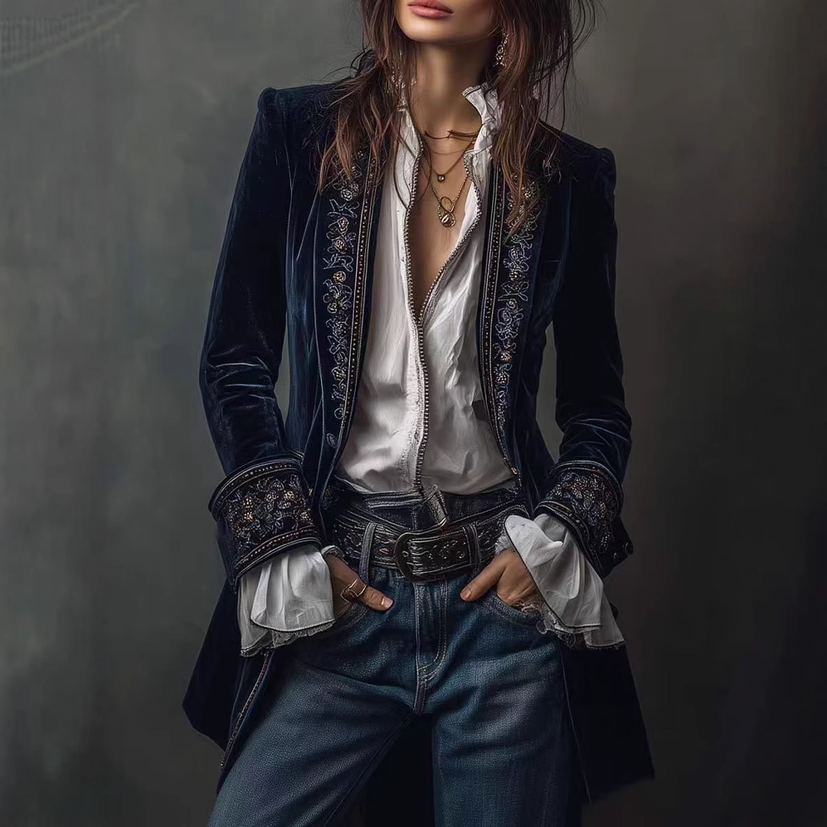  Long Sleeve Solid Color Stitching Lace Pleuche Coat
