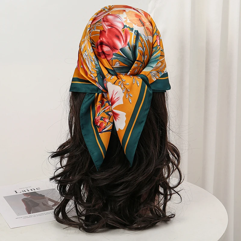  Bohemian Style Floral Print Women’s Square Silk Scarf Satin Head Wrap Tropical Leaf Flower Design Scarves Bandana Hijab