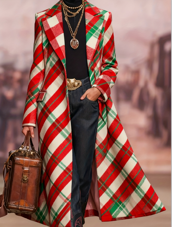  Women's Loose-fitting Long Plaid Lapel Coat
