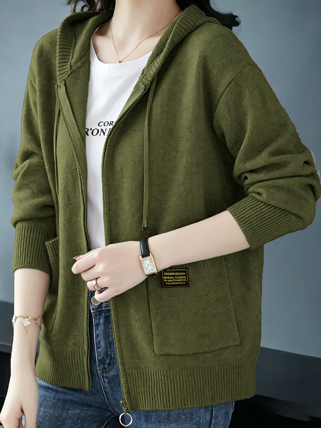  Knitwear Hooded Sweater Coat Women's Loose Zip Knitted Cardigan