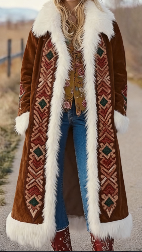  Fashion Retro Women's Coat, Warm Printed Long Coat