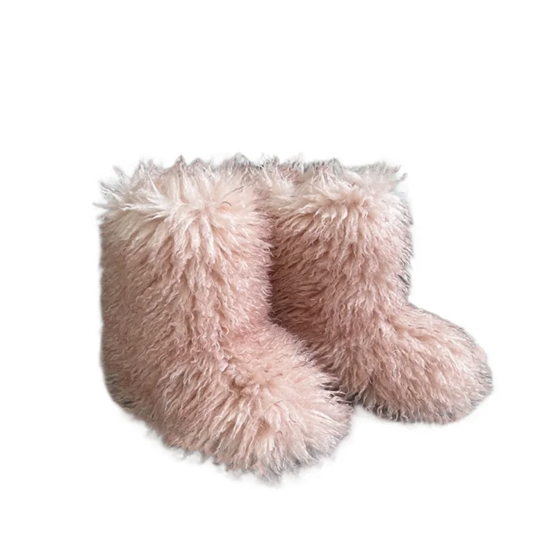  New Winter Fur Onepiece Raccoon Fur Female Snow Boots Fur Shoes Outdoor Mid Leg Boots