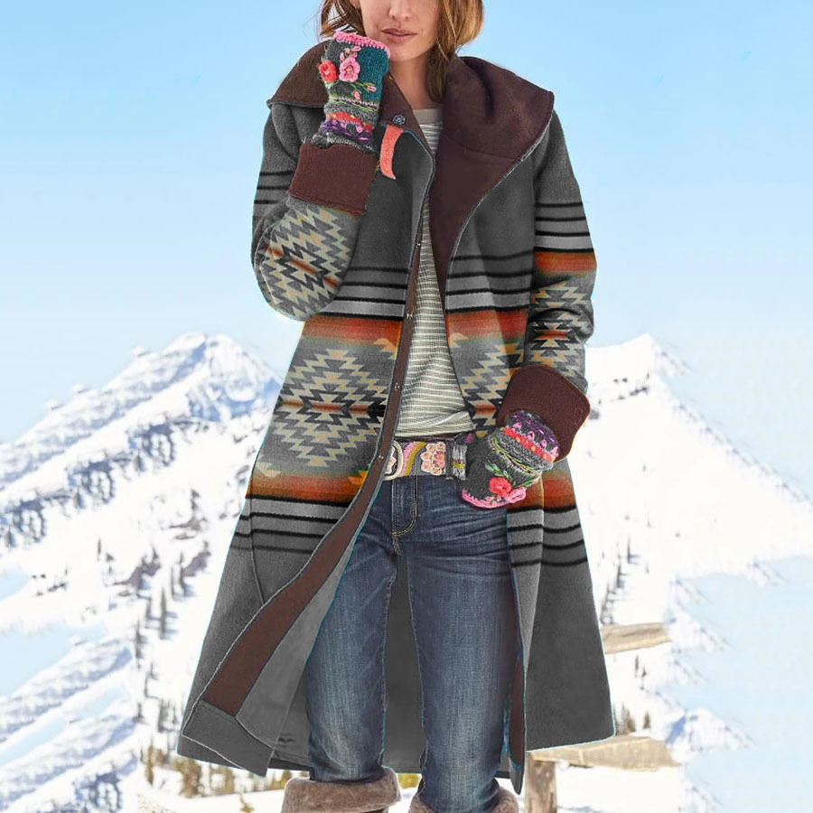  Mid-length printed top and long-sleeved woolen coat