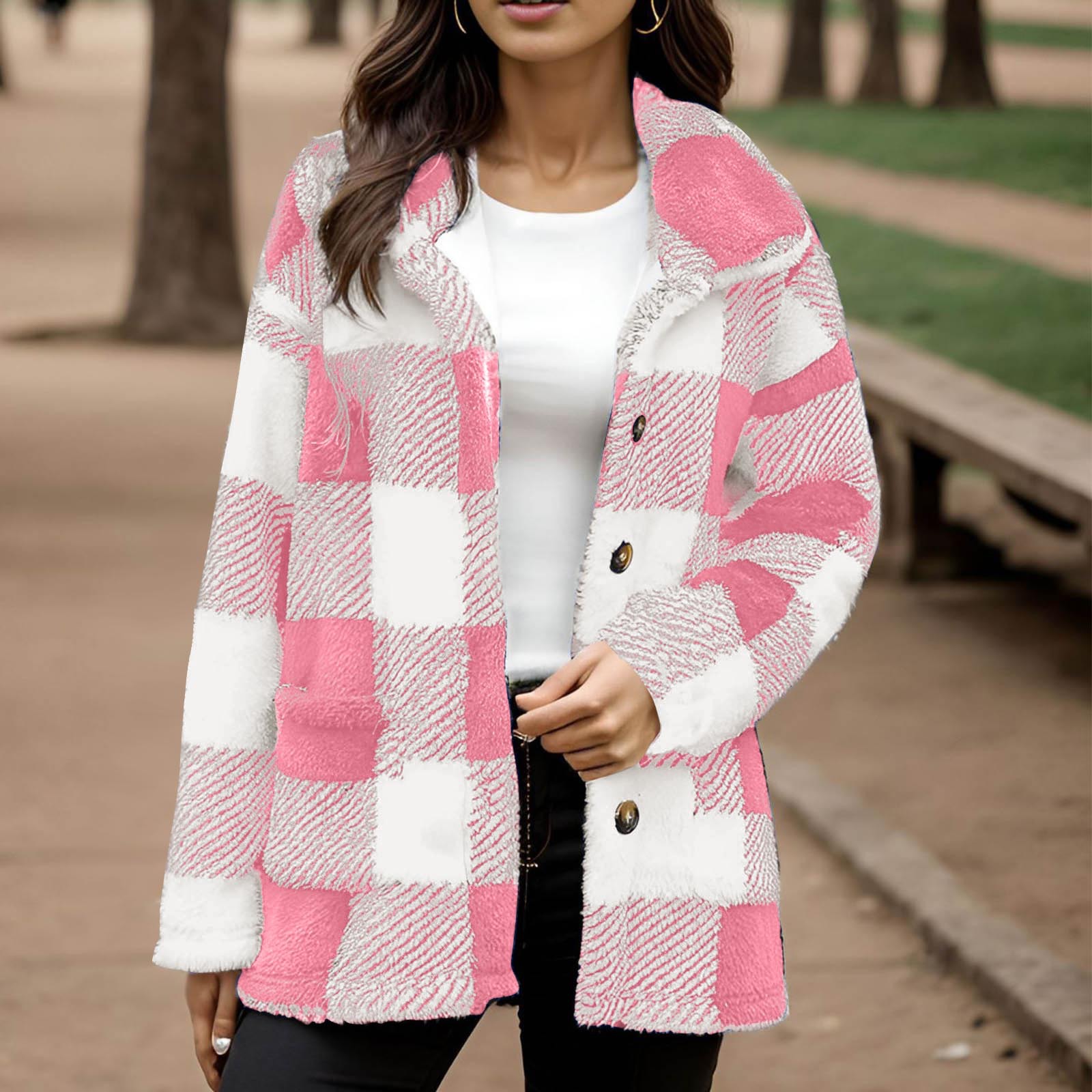  Women's Plaid Plush Coat With Pockets And Buttons