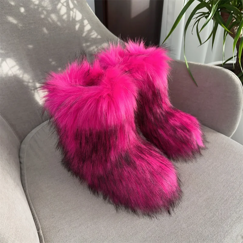  New Winter Fur Onepiece Raccoon Fur Female Snow Boots Fur Shoes Outdoor Mid Leg Boots