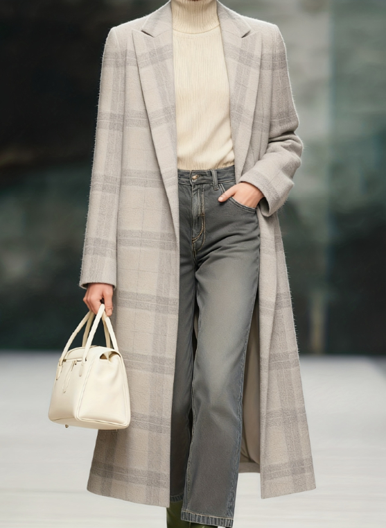  Women's Loose-fitting Long Plaid Lapel Coat