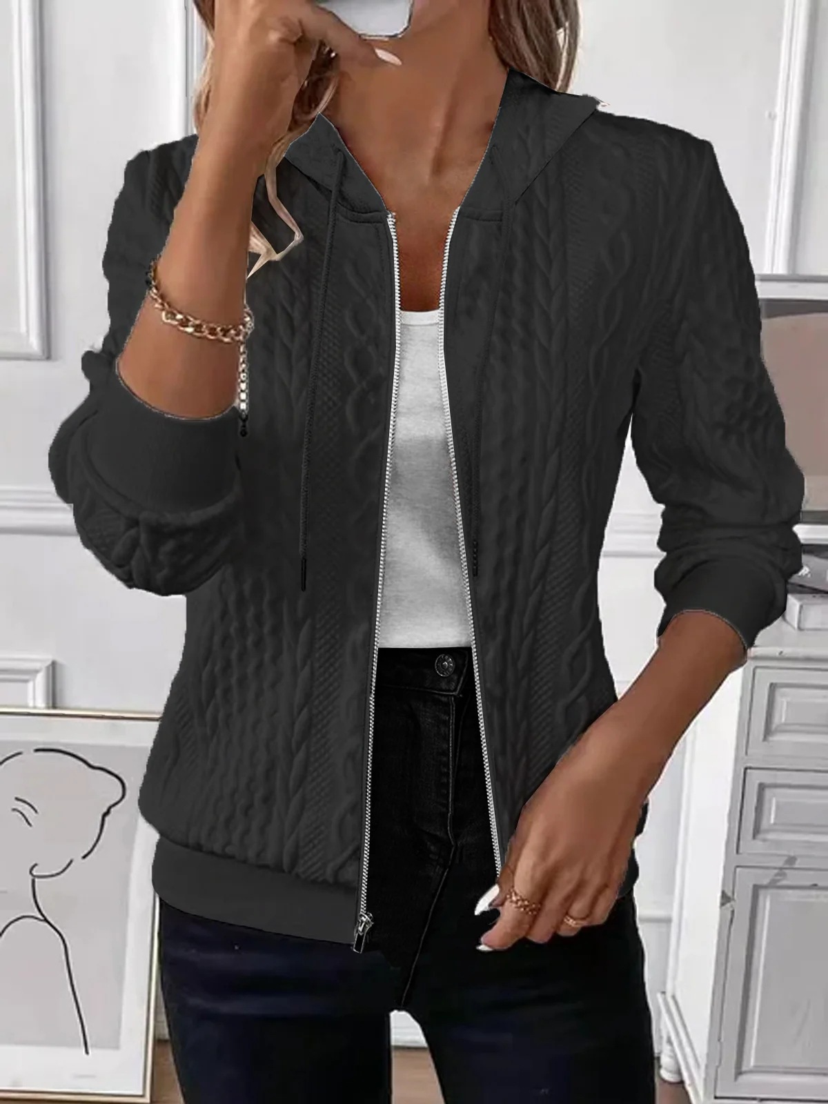  Solid Color Long Sleeve Knitted Zipper Hoodie Coat