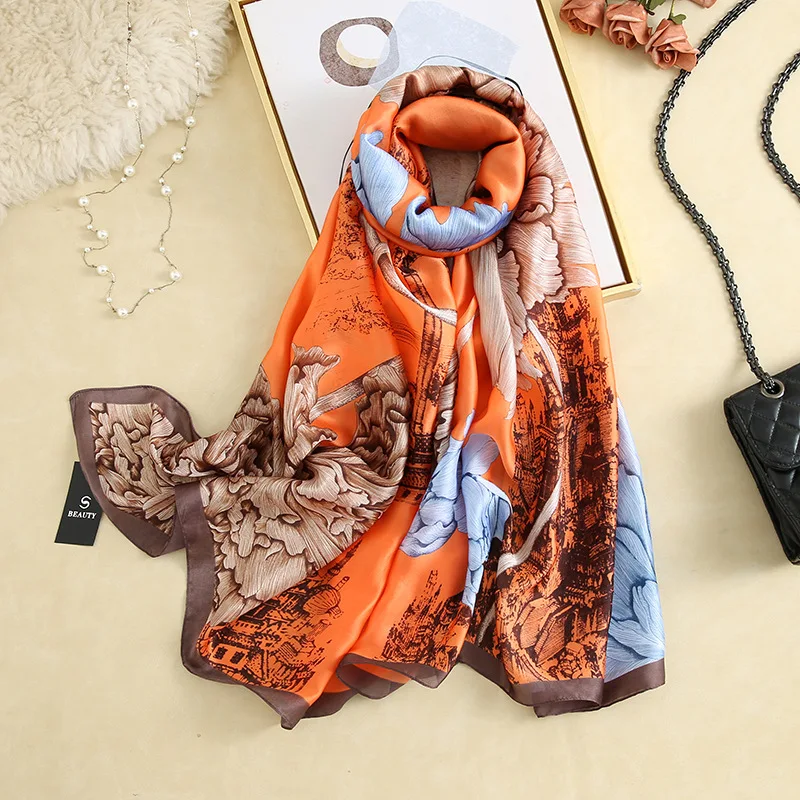  100% Natural Silk Scarf Women Luxury Brand Digital Print Flowers Silk Pashmina Shawl Female Long Bandana Foulard 2020 Oversize