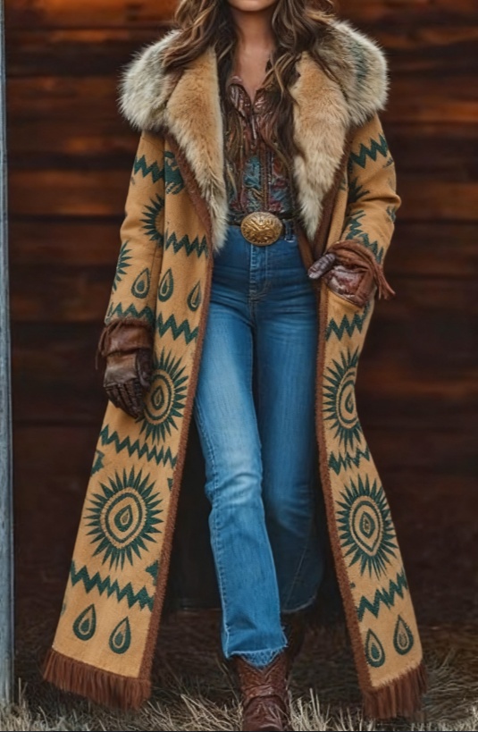  Fashion Retro Women's Coat, Warm Printed Long Coat