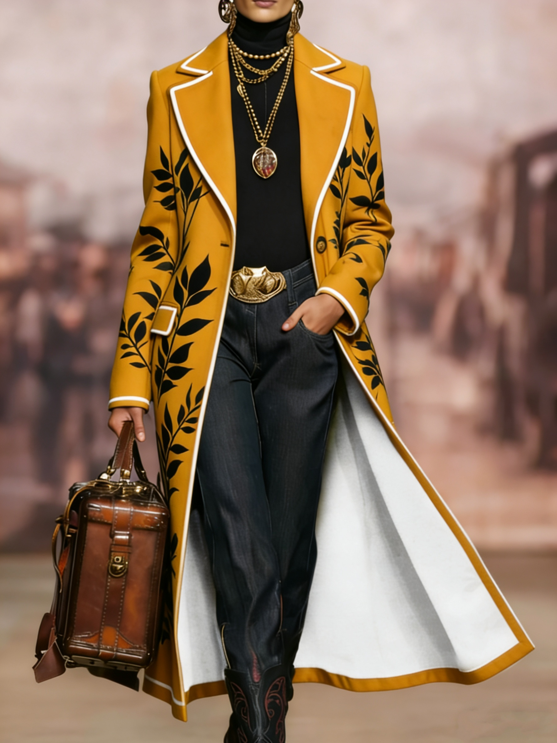  Printed Casual Long Wool Coat