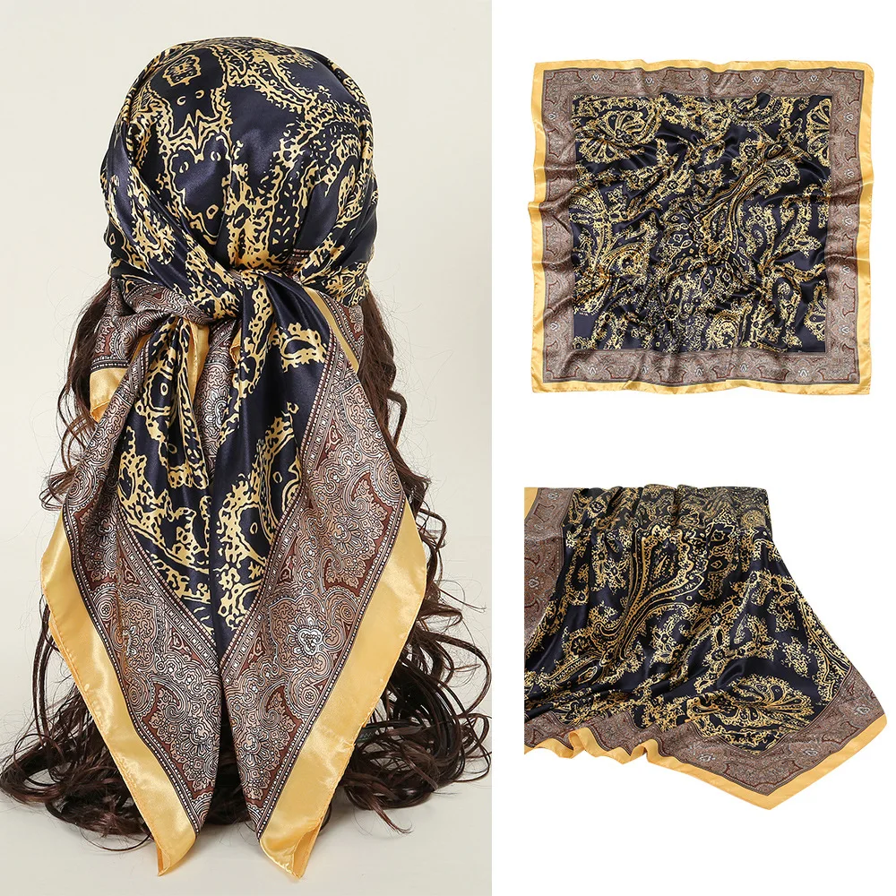 90*90cm Square Silk Scarf Women Print Scarves Satin Shawl Wrap Hijab Female Headband Bandana Foulard Neckerchief