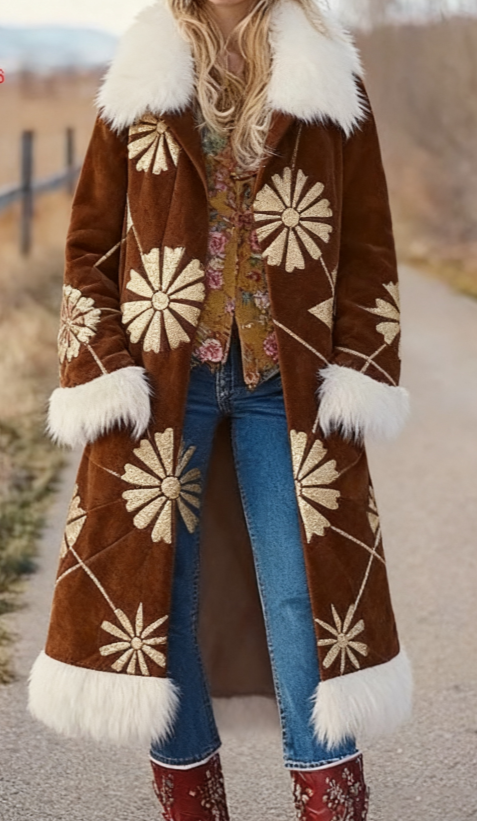  Fashion Retro Women's Coat, Warm Printed Long Coat