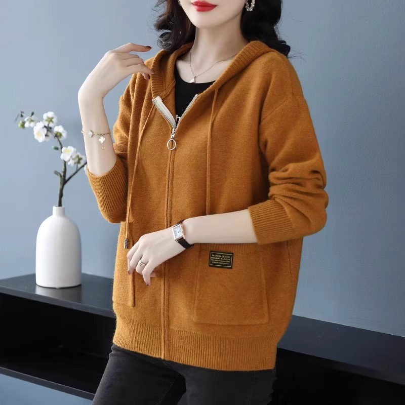  Knitwear Hooded Sweater Coat Women's Loose Zip Knitted Cardigan