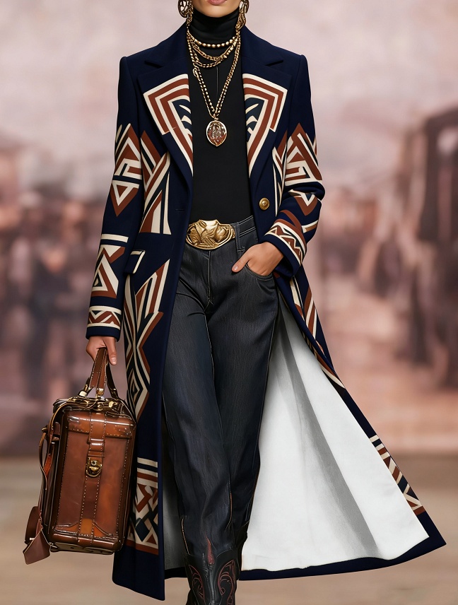  Printed Casual Long Wool Coat