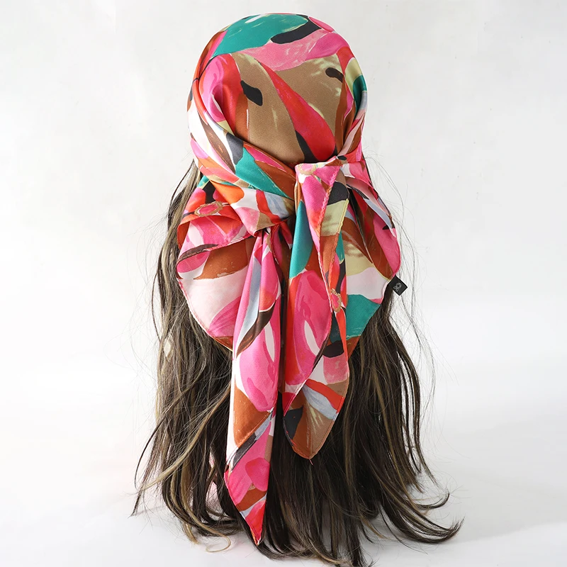  Bohemian Style Floral Print Women’s Square Silk Scarf Satin Head Wrap Tropical Leaf Flower Design Scarves Bandana Hijab